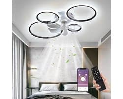 LuxiLamps - 4 Ringen LED Plafondventilator - Zwart - 6 Snelheden - Smart lamp - Dimbaar Met Afstandsbediening & APP - Moderne Cirkel Ventilator Licht - Kroonluchter Ventilator