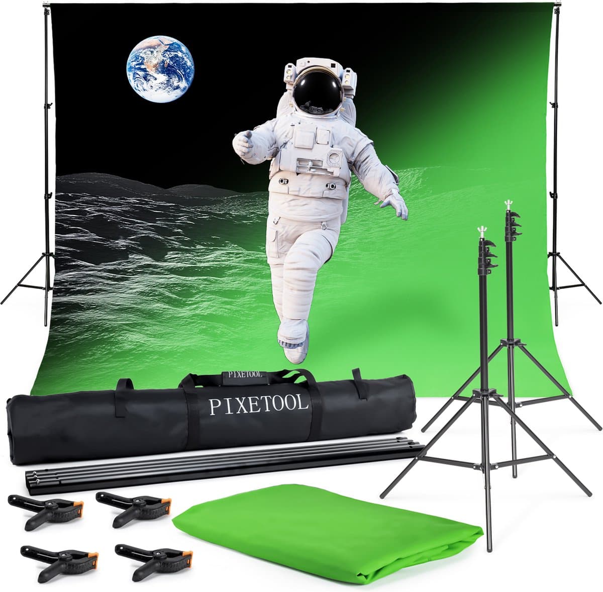 Pixetool - Green Screen Doek 300 x 300cm met achtergrondsysteem 260 x 300 cm - Achtergronddoek - Fotostudio - Green Screen Studio - Inclusief 4 klemmen — afbeelding 1