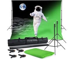 Pixetool - Green Screen Doek 300 x 300cm met achtergrondsysteem 260 x 300 cm - Achtergronddoek - Fotostudio - Green Screen Studio - Inclusief 4 klemmen