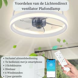Lichtendirect- Plafondventilator met verlichting- 33 CM Wit - Smart Lamp - 6 Standen Ventilator – Plafonniere Keuken Lamp - Woonkamerlamp - Dimbaar met afstandsbediening- APP functie- — thumbnail 3