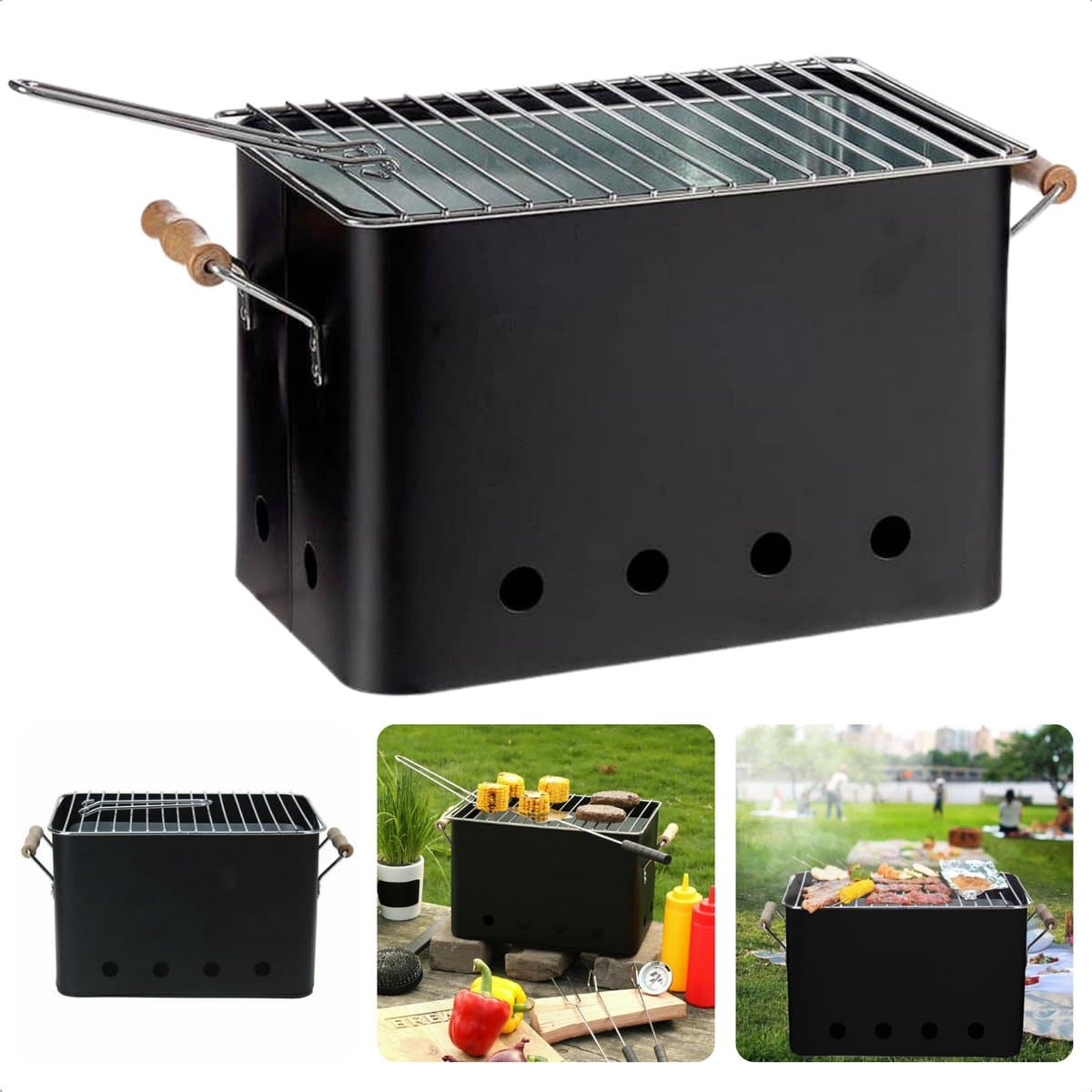 Draagbare BBQ - Kleine Barbecue voor Camping - Houtskoolbarbecue - Compact Ontwerp - 72x24cm - Zwart - Inclusief EBOOK — afbeelding 1