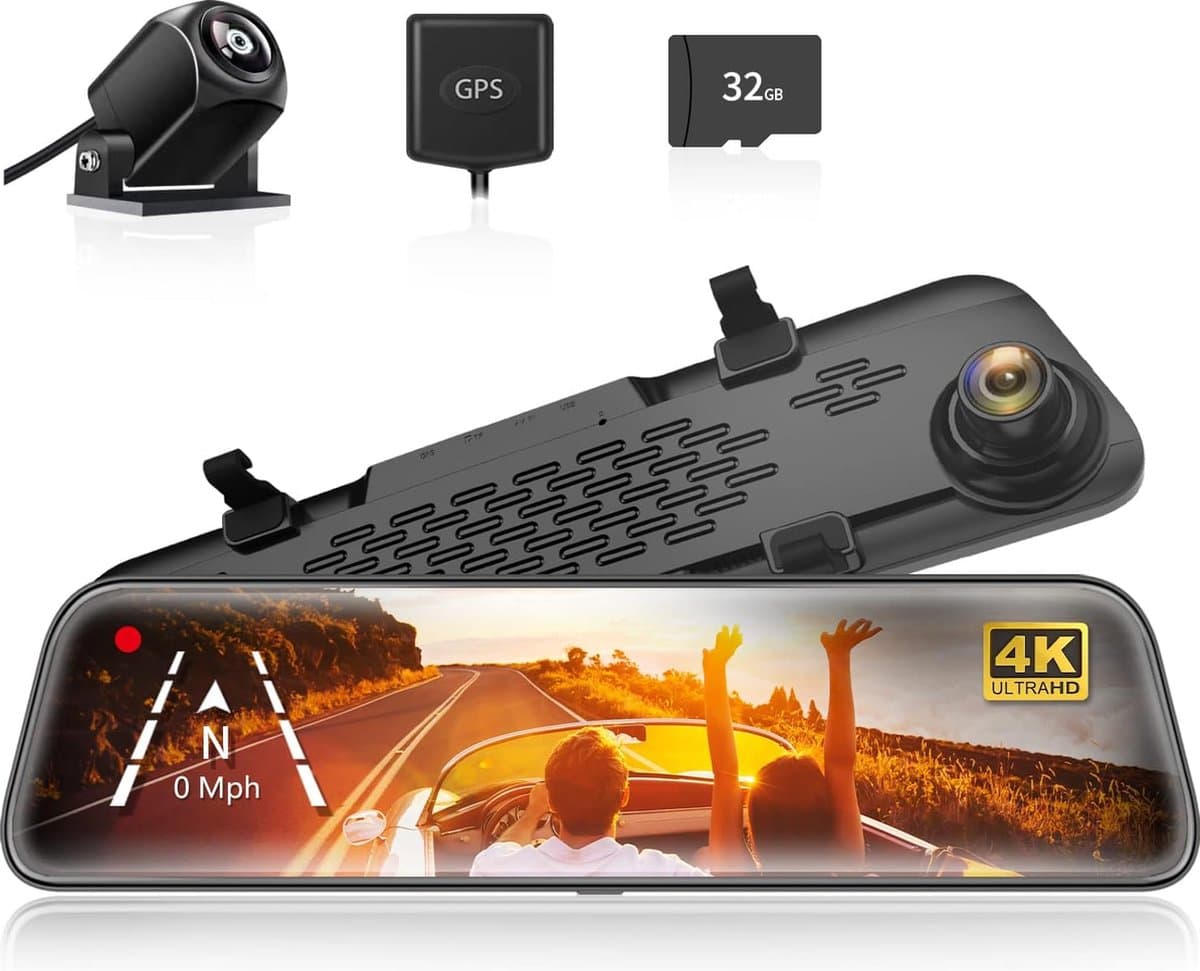 12" IPS Full Touch Screen Achteruitkijkspiegelcamera - 2160P HD Dubbele Lens Slimme Achteruitkijkspiegel voor Auto's en Vrachtwagens - HDR Stream Media met Nachtzicht - Gratis 32GB TF-kaart — afbeelding 1