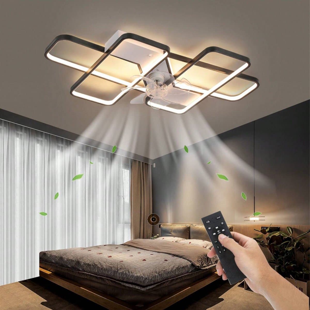 Smart Lamp Ventilator - Dimbaar - LED Plafond Ventilator - Zwart/Wit - Moderne Kroonluchter Ventilator - 90 cm - Woonkamerlamp — afbeelding 1