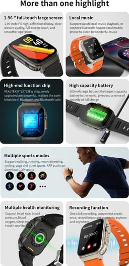 Knobbout 1.96" (3.5*4.4cm) Smartwatch - Bluetooth belfunctie-Super sterke batterij 600MAH- met o.a. NL menu - 44mm HD scherm- Zinklegering horlogekast - Bloeddrukmeting&Bloedzuurstof functie - Opnamefunctie - Slaapmonitor Oranje — thumbnail 2