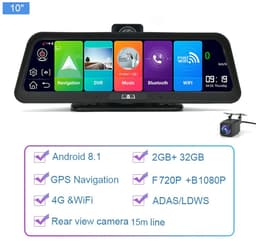 Dashcam voor Auto - 10" 4G ADAS Dashcam - GPS Navigatie & Dual Lens Achteruitrijcamera - 15m Achtercamera - Geen Geheugenkaart - Zwart — thumbnail 4