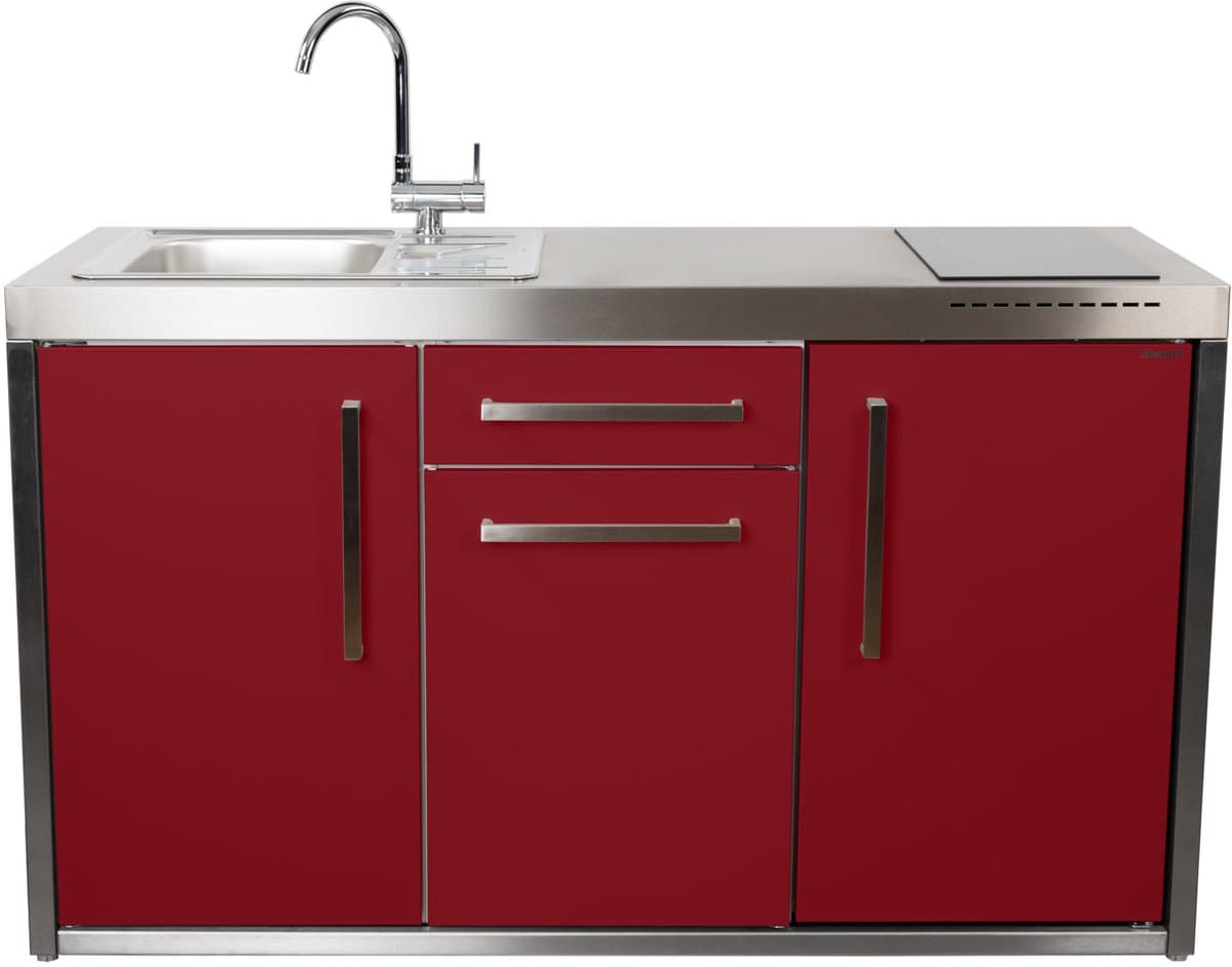 Minikeuken BeNeLux Stengel MO150 S voorgemonteerde metalen outdoor keuken met koelkast - inductie kookplaat - water en electriciteits aansluiting inclusief alle toebehoren - Rood Bordeaux — afbeelding 1