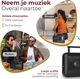 Caliber Noodradio - Draagbare radio - Werkt op batterijen en op Netstroom - Retro radio - FM radio - Keukenradio - Noodradio Denk Vooruit - Handvat - Koptelefoonaansluiting - Zwart (HPG317-B) — thumbnail 4