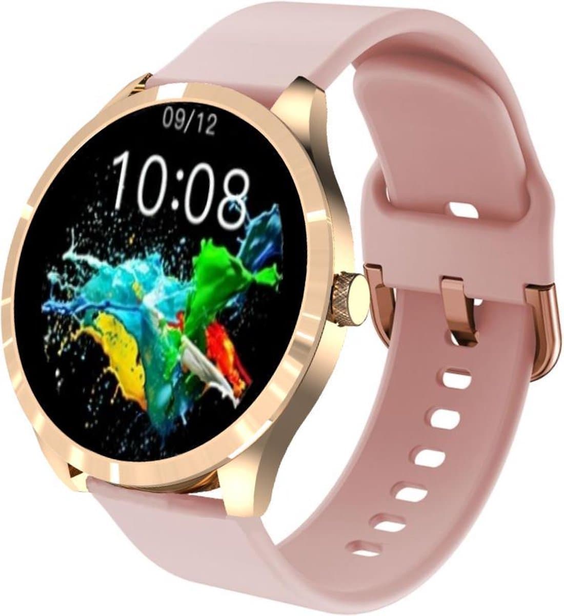 Belesy® BQSiRgPk 2022 - Smartwatch Dames – Smartwatch Heren - Horloge - 1.28 inch - Kleurenscherm - Stappenteller - Bloeddruk - Hartslag - 75+ Wijzerplaten – Sporten – Goud – Siliconen - Roze - Moederdag — afbeelding 1