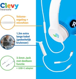 Clevy Hearsafe (Max 85 dB) - Koptelefoon voor kinderen met case en USB-C adapter - Blauw - Ontworpen voor de schoolklas - Kids Headphone - Headset — thumbnail 2
