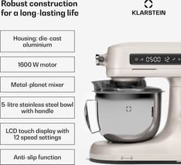 Klarstein Chiara 1600W Keukenmachine – 5L roestvrijstalen kom, 12 snelheden, LCD-touchdisplay, Stil ≤72 dB, Vaatwasserbestendige patisserieset, Aluminium spuitgietbehuizing, Zand — thumbnail 5