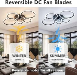 Plafondventilator Ø100 cm - Met Verlichting - Met Afstandsbediening - Smart Lamp - 5 Ringen - Timer - Zomer/Winter functie - Zwart - Woonkamer - Slaapkamer - Plafondlamp met ventilator — thumbnail 5