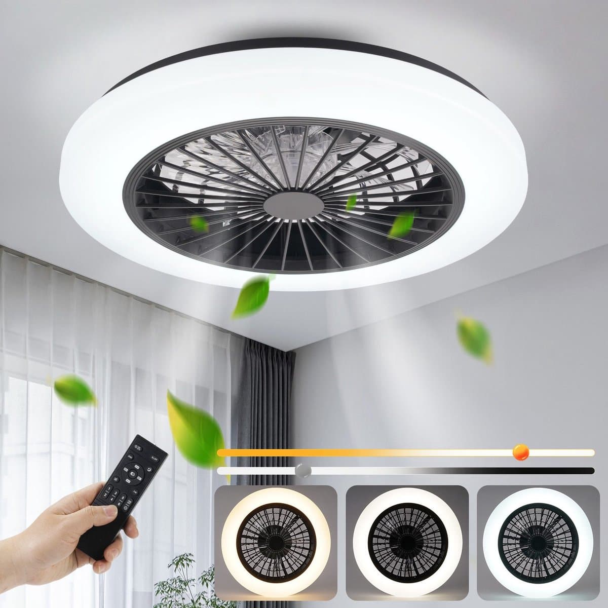 NETTLIFE Plafondventilator met Verlichting - zwart en wit - LED 40W - Dimdaar met Afstandsbediening - 6 standen - Timing - Stil - 3000-6500K - Moderne Woonkamerlamp - voor Slaapkamer | Eetkamer - 49CM — afbeelding 1