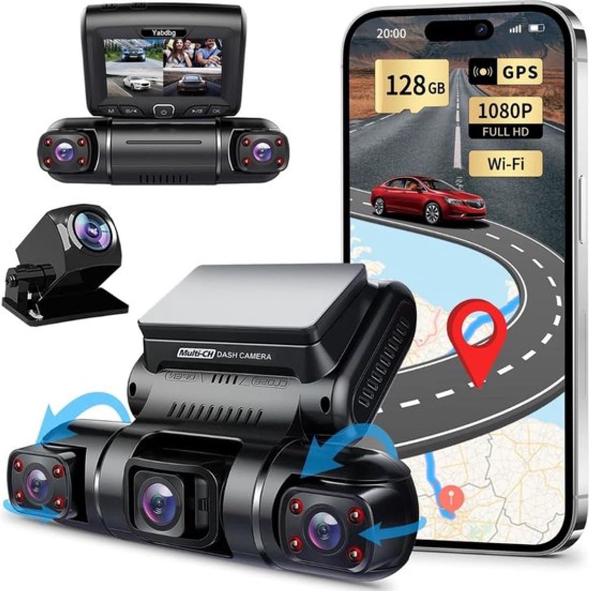Luxe Dashcam voor Auto – Voor en Achter – Achter Draadloos – Ingebouwde WiFi – 1080P – Full HD – Ingebouwde GPS – Zwart — afbeelding 1
