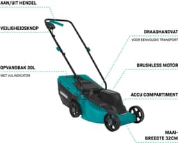 VONROC Accu Grasmaaier 20V – 32 cm maaibreedte - Borstelloze motor - Drie instelbare maai-hoogtes: 30/50/70 mm - Incl. 30L Opvangbak - Incl. 2x 2.0Ah Accu en snellader — thumbnail 3