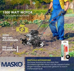 MASKO® elektrische motorhak 1500 Watt | 40 cm werkbreedte 20 cm werkdiepte | grondhak | akkerfrees landbouwer tuinfrees | elektrische hak | inklapbare handgreep | metalen behuizing | transportwielen, zwart — thumbnail 1
