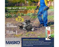 MASKO® elektrische motorhak 1500 Watt | 40 cm werkbreedte 20 cm werkdiepte | grondhak | akkerfrees landbouwer tuinfrees | elektrische hak | inklapbare handgreep | metalen behuizing | transportwielen, zwart