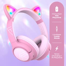 PowerLocus Bobo - Draadloze Koptelefoon voor Kinderen - Bluetooth koptelefoon - 74/85/94dB Volumebegrenzing - Katten Oortjes - Led Verlichting - Roze — thumbnail 3