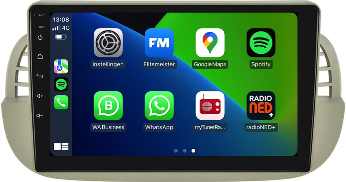 Carplay autoradio voor Fiat 500 Beige | 2007 t/m 2015 | Android 13 | Draadloos Apple Carplay & Android auto | 2GB + 32GB | 8-Core processor | Davilon | 2025 model | 2007 2008 2009 2010 2011 2012 2013 2014 2015 | Bluetooth & Wifi — afbeelding 1