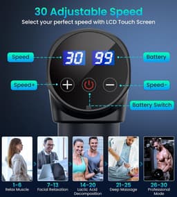 Massage Pistool Deep Tissue Massage Gun - Krachtige Spier Massager met 30 Snelheden - 8 Massagekoppen - LCD-aanraakscherm - Professioneel Spiermassagepistool — thumbnail 2
