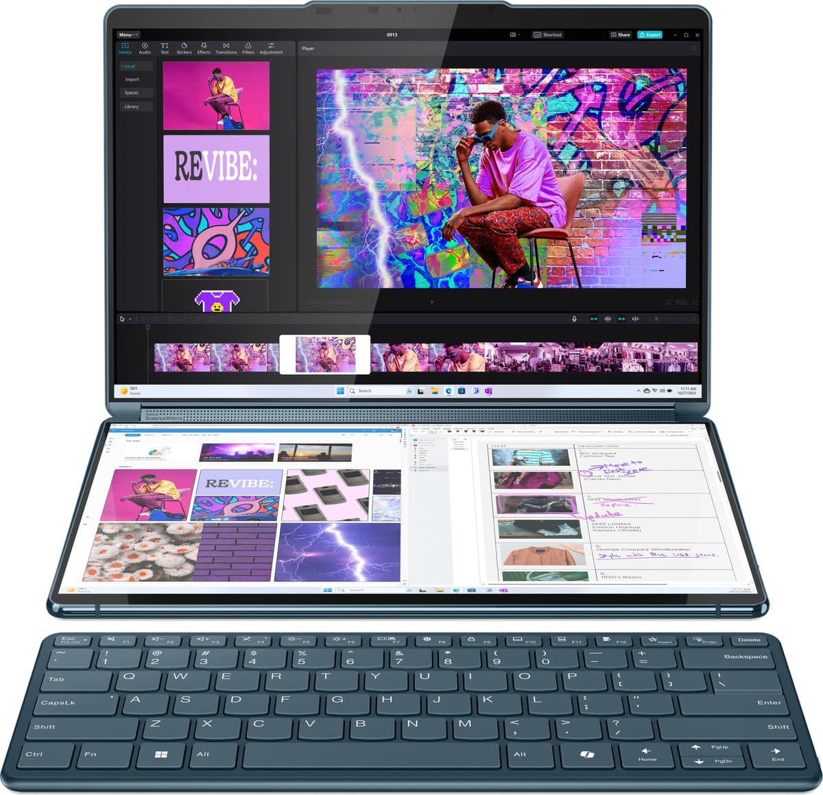 "Lenovo Yoga Book 9 13IMU9 Intel Core Ultra 7 155U Hybride (2-in-1) 33,8 cm (13.3"") Touchscreen 2.8K 32 GB LPDDR5x-SDRAM 1 TB SSD Wi-Fi 6E (802.11ax) Windows 11 Home Engels Blauwgroen" — afbeelding 1