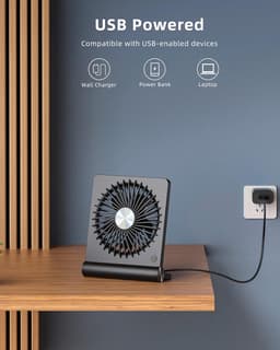 USB-ventilator, sterke wind, ultrastille kleine bureauventilator, 220° kantelbaar, opvouwbaar, 3 snelheden, verstelbare USB-C-voeding, persoonlijke ventilator met snoer voor thuis, kantoor, desktop, zwart — thumbnail 4