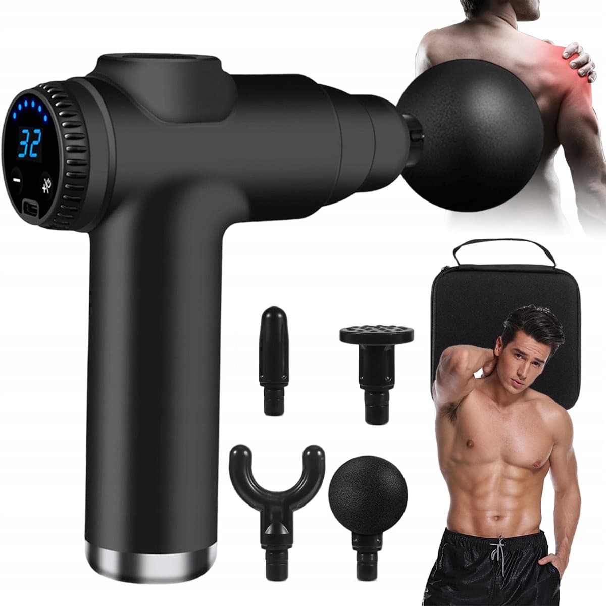 Mini elektrische massagegun - Fascia Gun - 32 snelheden - 3500 tpm - 1800 mAh - 4 massagekoppen - met LCD-scherm - voor ontspanning van lichaamsspierenmassage — afbeelding 1
