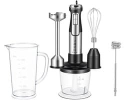 carmdering - Staafmixer - Handmixer - 5-in-1 Keukenmachine - 1600W, ergonomisch, spatvrij - Met maatbeker, hakmolen, mengkom en garde - Incl. opbergrek - Voor smoothies, soepen, sauzen en babyvoeding - 304 roestvrij staal
