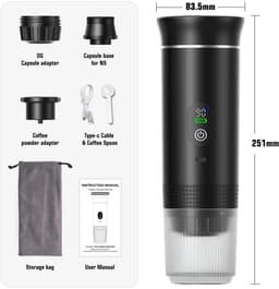 Velmio Draadloos Koffiezetapparaat 3-1 - Draagbaar Koffiezetapparaat Voor Onderweg - Espressomachine - 20 Bar - 3-in-1 Capsules & Gemalen Koffie - 60ML - Zwart — thumbnail 5