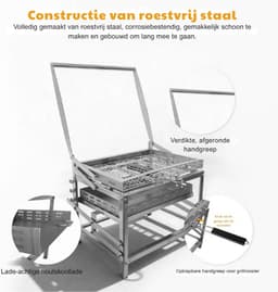 Draagbare houtskoolbarbecue, voor buiten, met kolenschaal, 4 standen en verstelbare hoogte, ideaal voor picknicks, kamperen en barbecueën — thumbnail 2