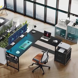 Gaming Bureau met LED Verlichting - 120x120x75cm - L-Vormig Game Bureau met Stopcontact - 2 Non Woven Lade - Gaming Desk - Computer Tafel - Gaming Tafel - Bureau voor Gamen, Studeren en Werken - Zwart — thumbnail 4