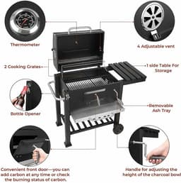 LUMÈ STORE Houtskool BBQ Grill – Trolley Barbecue met Deksel & Thermometer – Groot – Met Wielen, Zijtafel & Aslade – Zwart — thumbnail 4