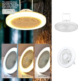 Campingventilator met lamp - 23×9cm - Met afstandsbediening - Verstelbare verlichting (driekleurig) - USB oplaadbaar - Ventilator & lamp gecombineerd - Kan staand of hangend worden gebruikt - Eenvoudig in gebruik - Wit — thumbnail 5