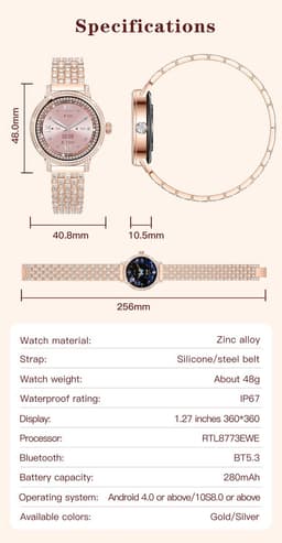 Knobbout 1.27" (3,2 cm) Smartwatch met Fonkelende Strass Steentjes – Luxe Design | Bellen via Bluetooth | Hartslag, Bloeddruk & SpO2 | IP67 Waterdicht | BT 5.3 | HD Scherm -Goud — thumbnail 2