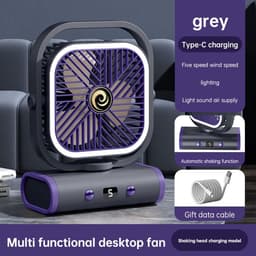Ulisem - Wandventilator - USB oplaadbaar - 5 windstanden - Stille gelijkstroommotor - 2400mAh batterij - Automatisch links/rechts draaien - Handmatig kantelbaar - Met dubbele nachtlamp - Voor slaapkamer en student - Grijs — thumbnail 1