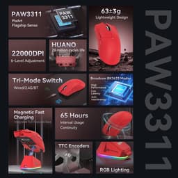 ATTACK SHARK X11 - RGB Gaming Muis - Magnetisch Oplaaddock - PAW 3311 Sensor - 59g Lichtgewicht - Bedraad + 2.4G + BT - 22.000 DPI - Rood — thumbnail 3