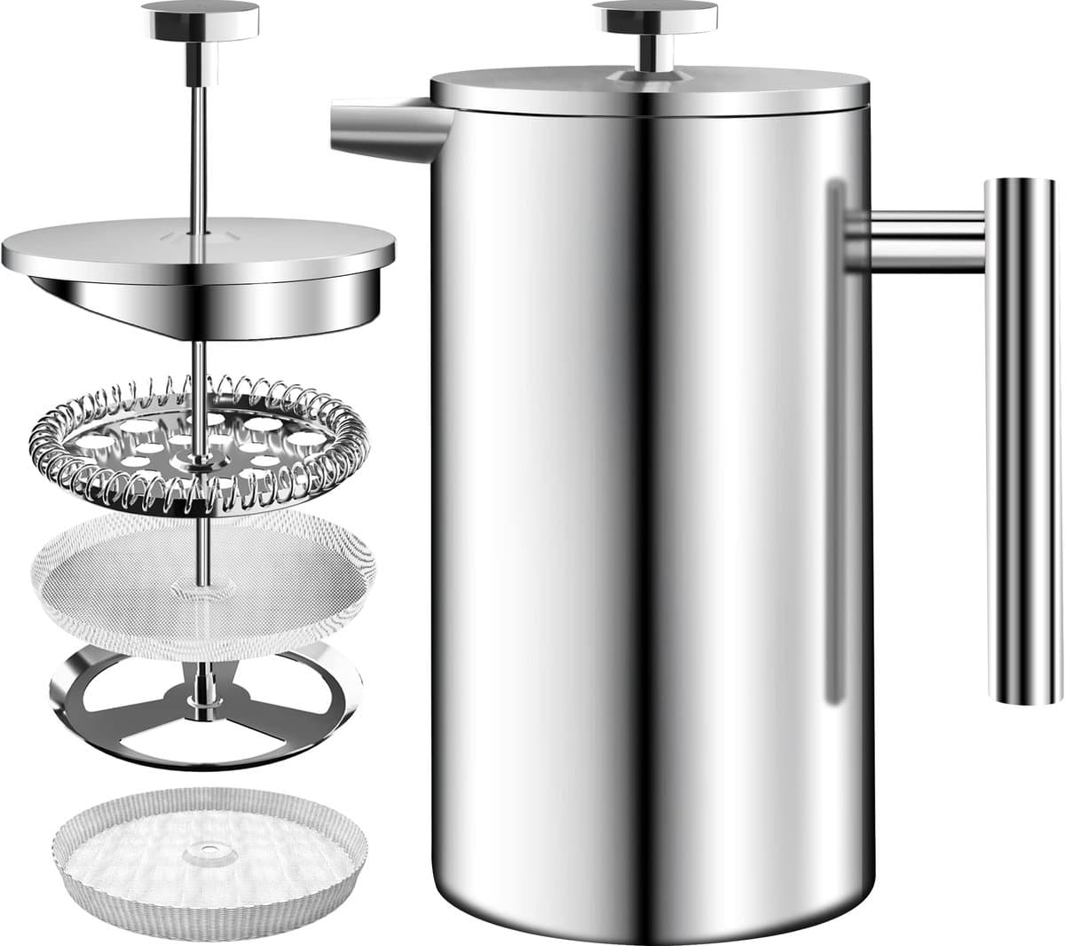 Roestvrij staal FRENCH PRESS/Franse Pers Koffiezetapparaat 34oz (1.0 Liter) met 3 Niveau Filtersysteem - Dubbelwandige Geïsoleerde Cafetière met 1 Extra Filter (Zilver) — afbeelding 1