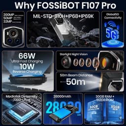 FOSSiBOT F107 Pro Robuuste Smartphone 5G - 30(12+18)GB RAM - 512GB ROM - 200MP AI-Camera - 6,95 inch FHD+ Scherm - 28000 mAh 66 W - IP68 Waterdicht Outdoor Telefoon - Android 15 - WIFI 6 - GPS,NFC,Face ID,OTG - Zwart — thumbnail 2