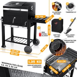 KESSER® Houtskoolbarbecue XL Barbeque Houtskool met Deksel, Wielen, Afdekkap, Roestvrij Stalen Handvat, Barbecuerooster en Thermometer, 8 Spiesen met Zakje & siliconen Borstel, grote BBQ Camping Terras Tuin — thumbnail 5