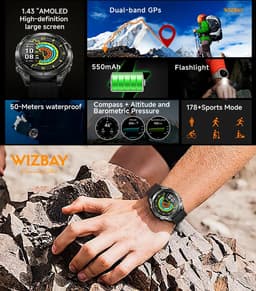 WizBay Premium Select® GPS Smartwatch 1.43” AMOLED 466x466 – Dual L1+L5 GPS – 2GB Geheugen – Offline Kaarten – 5ATM Waterdicht – LED Zaklamp – ChatGPT AI Assistant – Bluetooth Bellen – O2, Hartslag, Slaap - 178+ Sport Modi - Zwart — thumbnail 4
