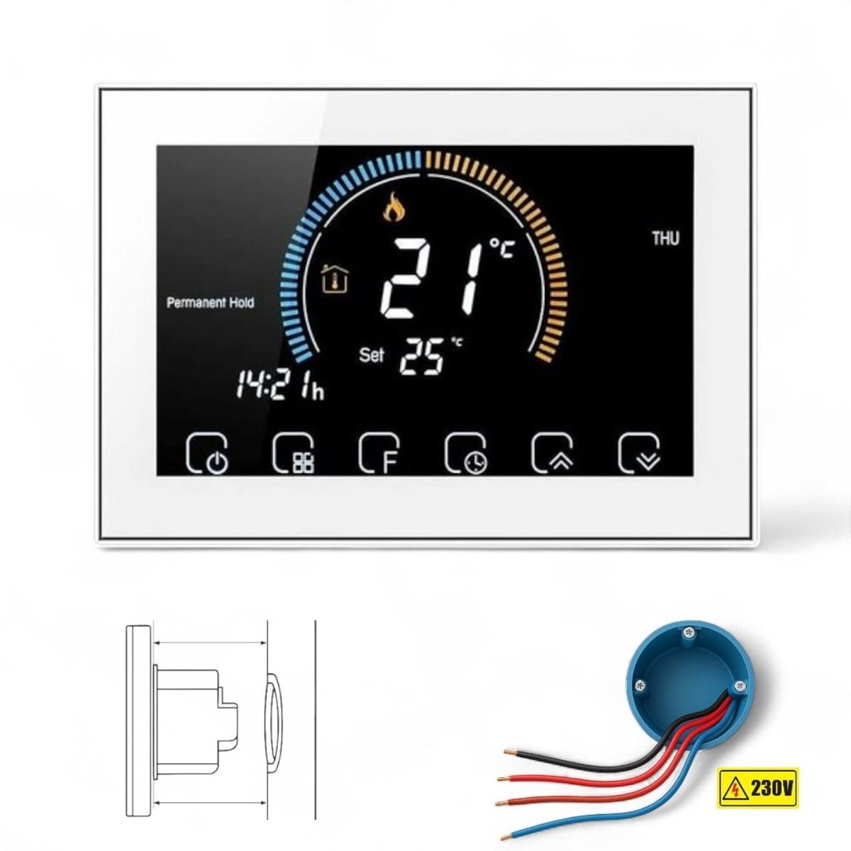 Thermostaat | Inbouw wifi thermostaat | CV installatie | Touchscreen | Tuya & Smart Life | 4-draads aansluiting | Wit | 0-40°C — afbeelding 1