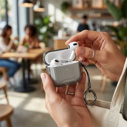Grijs transparant hoesje voor oordopjes met sleutelring – schokbestendige beschermhoes geschikt voor AirPods 4 — thumbnail 4