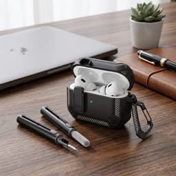 Zwart robuust hoesje voor oordopjes met carbon look geschikt voor AirPods Pro 3 inclusief schoonmaakset en karabijnhaak – schokbestendig en duurzaam — thumbnail 2