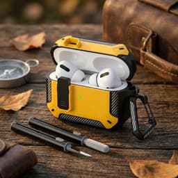 Geel robuust hoesje voor oordopjes met carbon look geschikt voor AirPods Pro 2 inclusief schoonmaakset en karabijnhaak – schokbestendig en duurzaam — thumbnail 2