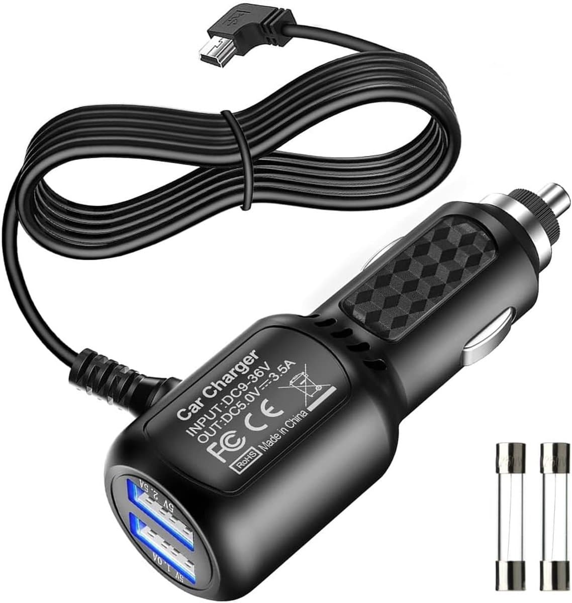 TENZHVXI - Mini Usb-Dashcamkabel - Stroomkabel Voor Dashcam - 5 V / 2,5 A + 5 V / 3,5 A - 1 Stuk - Auto / Vrachtwagen Zwart — afbeelding 1