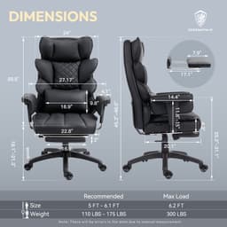 Dowinx Ergonomische Bureaustoel / Gamingstoel – Pocketveren Zitkussen – Dubbel gevoerde Rugleuning & Verstelbaar Lendenkussen – Met Armleuningen en Voetensteun – PU-leer – Zwart — thumbnail 3