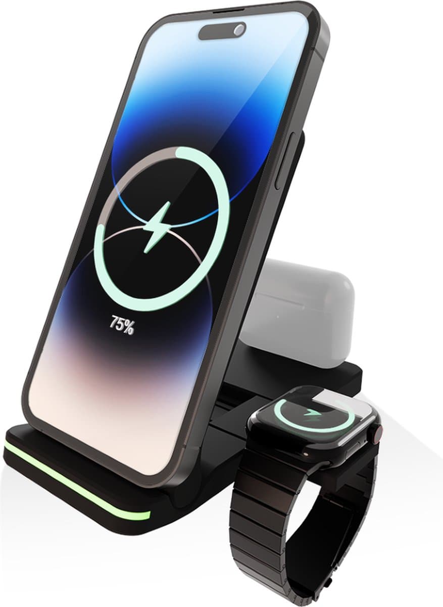 3 in 1 Foldable Wireless Charger geschikt voor Apple iPhone / Apple Watch / AirPods - Oplader draadloos - iPhone Oplader met kabel - USB A naar USB C - Opvouwbaar Docking station - Vouwbaar Oplaadstation - GSM lader Qi station — afbeelding 1