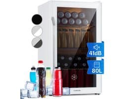Klarstein Drankkoeler minikoelkast met glazen deur, minikoelkast voor op de kamer, kleine met verstelbare schappen, kleine koelkast van 80 liter, stille koelkast voor binnen en buiten - Touch - Wit - RVS LED - Drankkoelkast