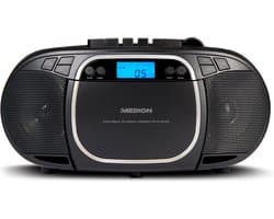 MEDION E66476 Stereo Sound Systeem (Boombox, CD-speler, MP3, cassette, draagbare cassettespeler voor kinderen, FM-radio, AUX, hoofdtelefoon, netstroom & batterij), zwart