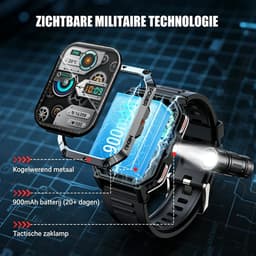 Tactisch Militair Sporthorloge voor Heren – Robuust Horloge met 100 Dagen Batterijduur – Kompas en Zaklamp – Geschikt voor An Android en iOS – met 2,01-inch HD-scherm – AI-Spraakbediening en IP68-Waterbestendigheid - Zwart — thumbnail 4