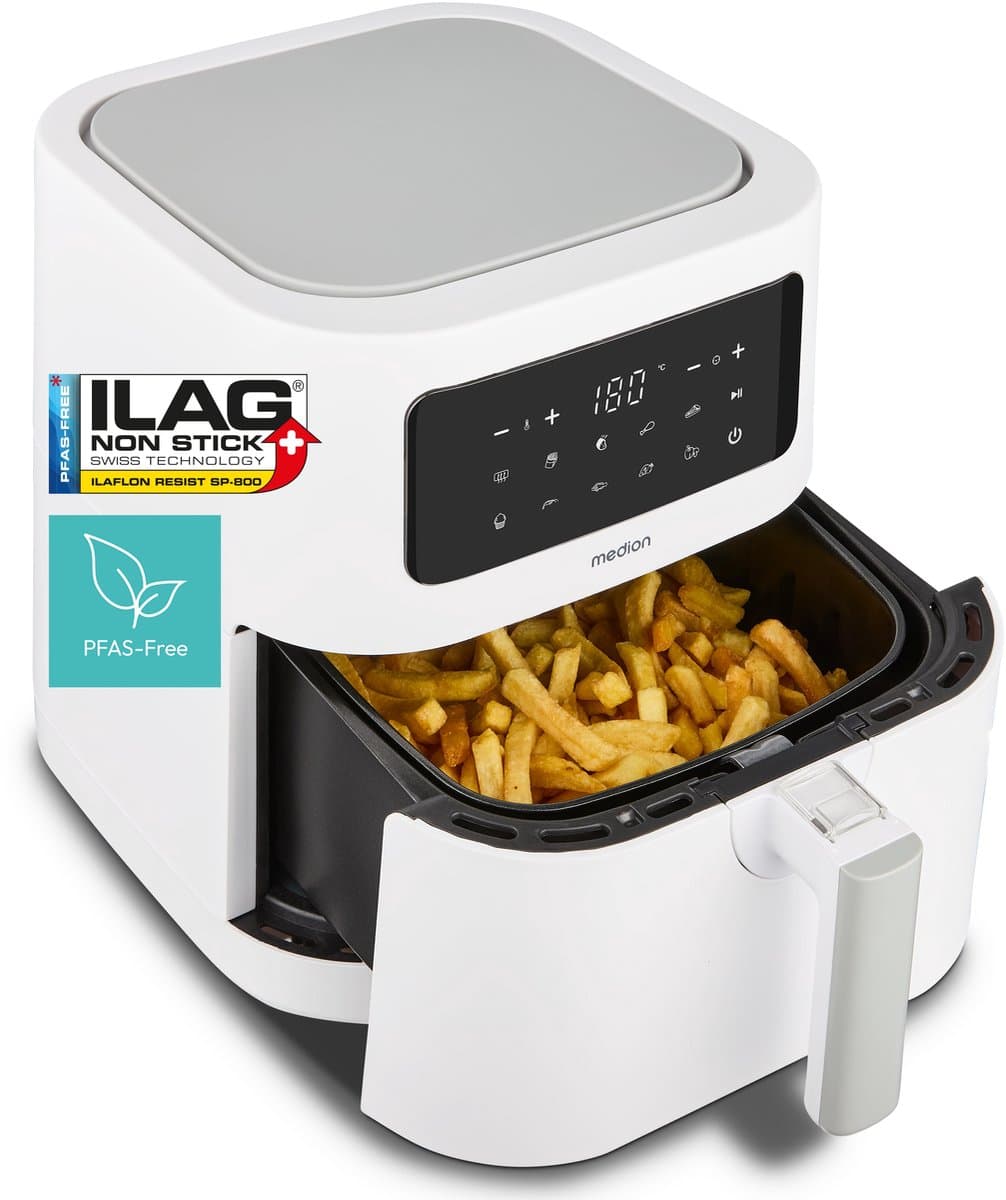 MEDION E40 XL heteluchtfriteuse (5,2 L, airfryer, 2 150 W, 9 automatische programma’s, bakfunctie, frituren zonder olie, touchbediening, LED-display), mat — afbeelding 1